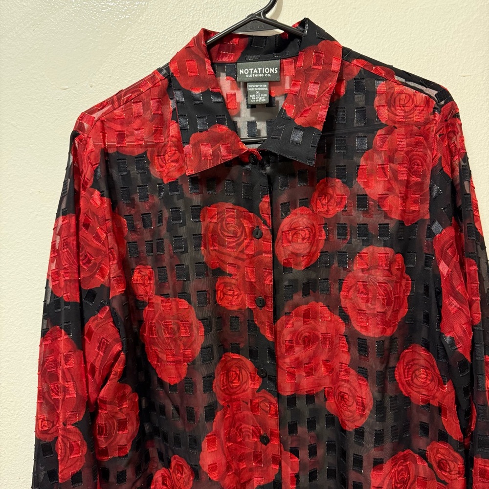 Notations Women's Floral Red and Black Top Button Up See Through Size XL